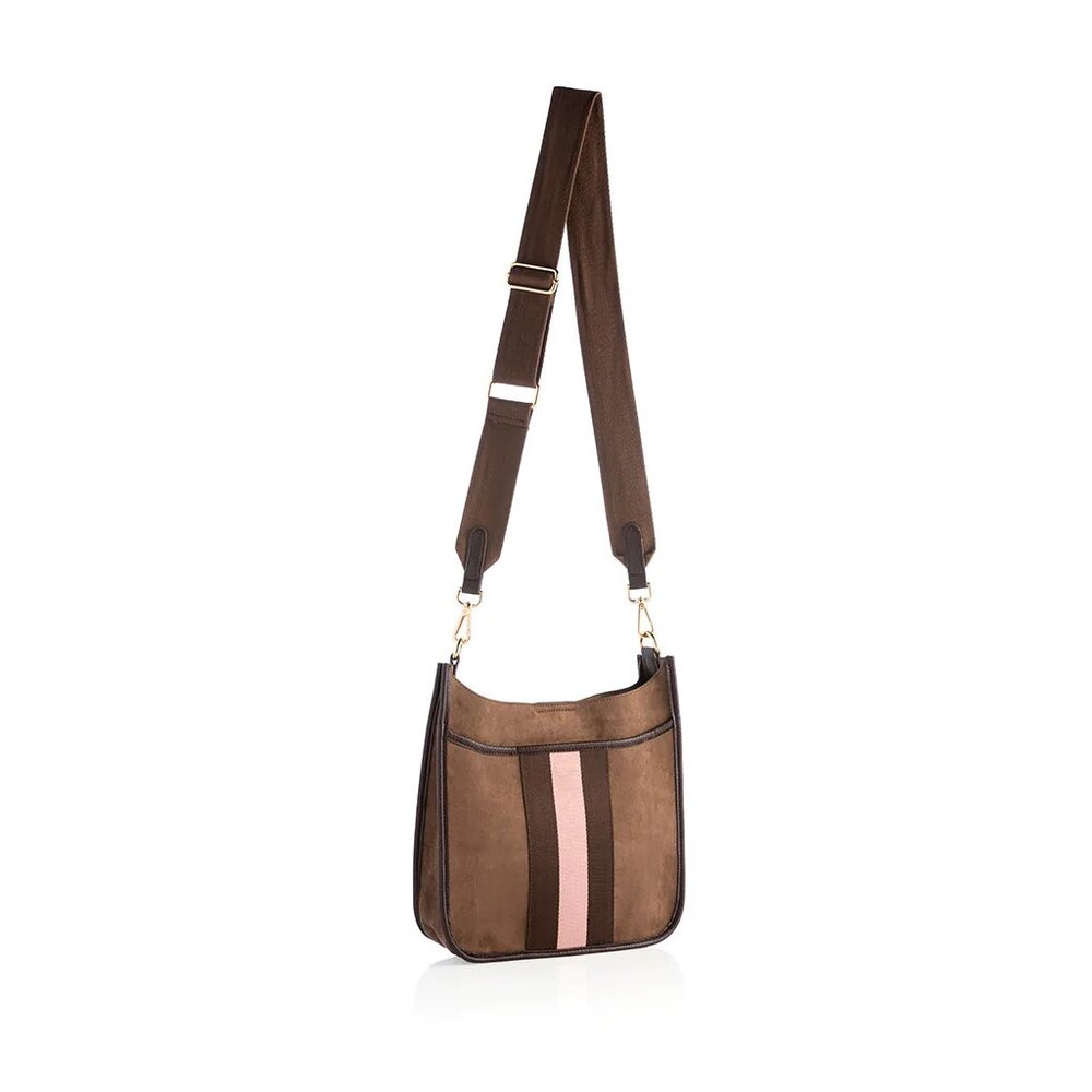 Blakely Vegan Suede Pebble Grain Crossbody Bag in Brown with Contrasting Stripe